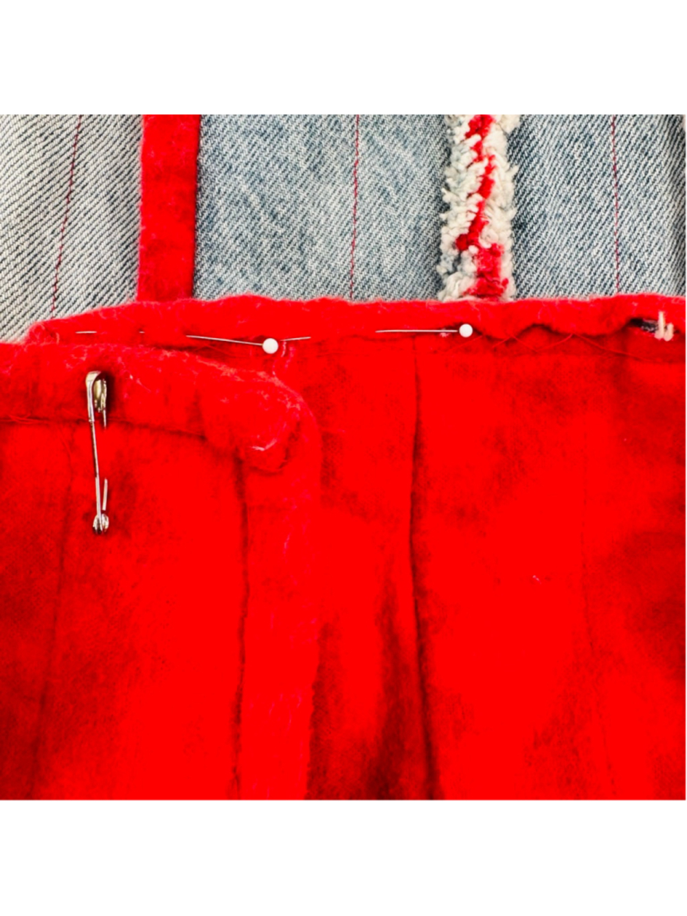 Vintage Heavy Denim Patchwork Jacket Red Lined Raw Fringe Seams Handmade READ - Picture 10 of 11